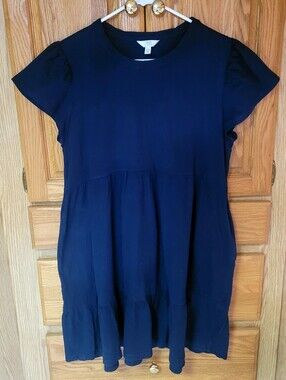 Time & Tru 100% Cotton Navy Blue T-shirt Dress With Pockets, Size L